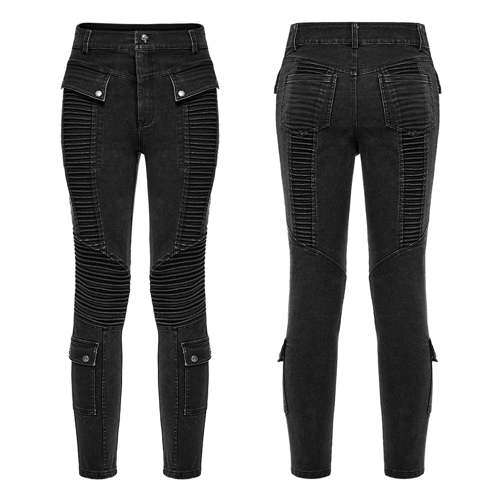 Black gothic skinny denim jeans front flat lay - front pockets, ribbed knee panels, and ankle cargo details