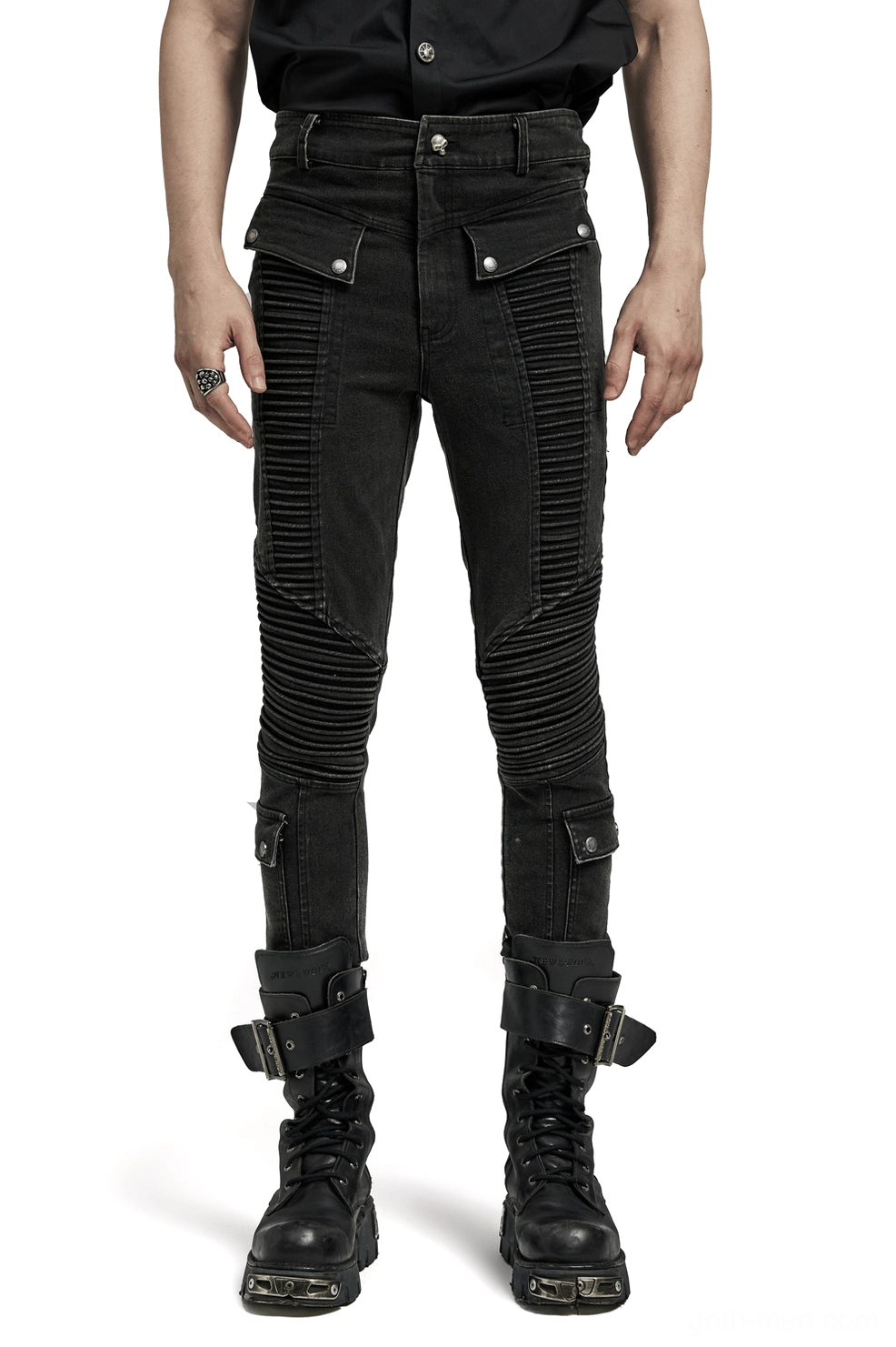 Black gothic skinny jeans front view on male model - full body shot with drawstring waist and ribbed knee panels