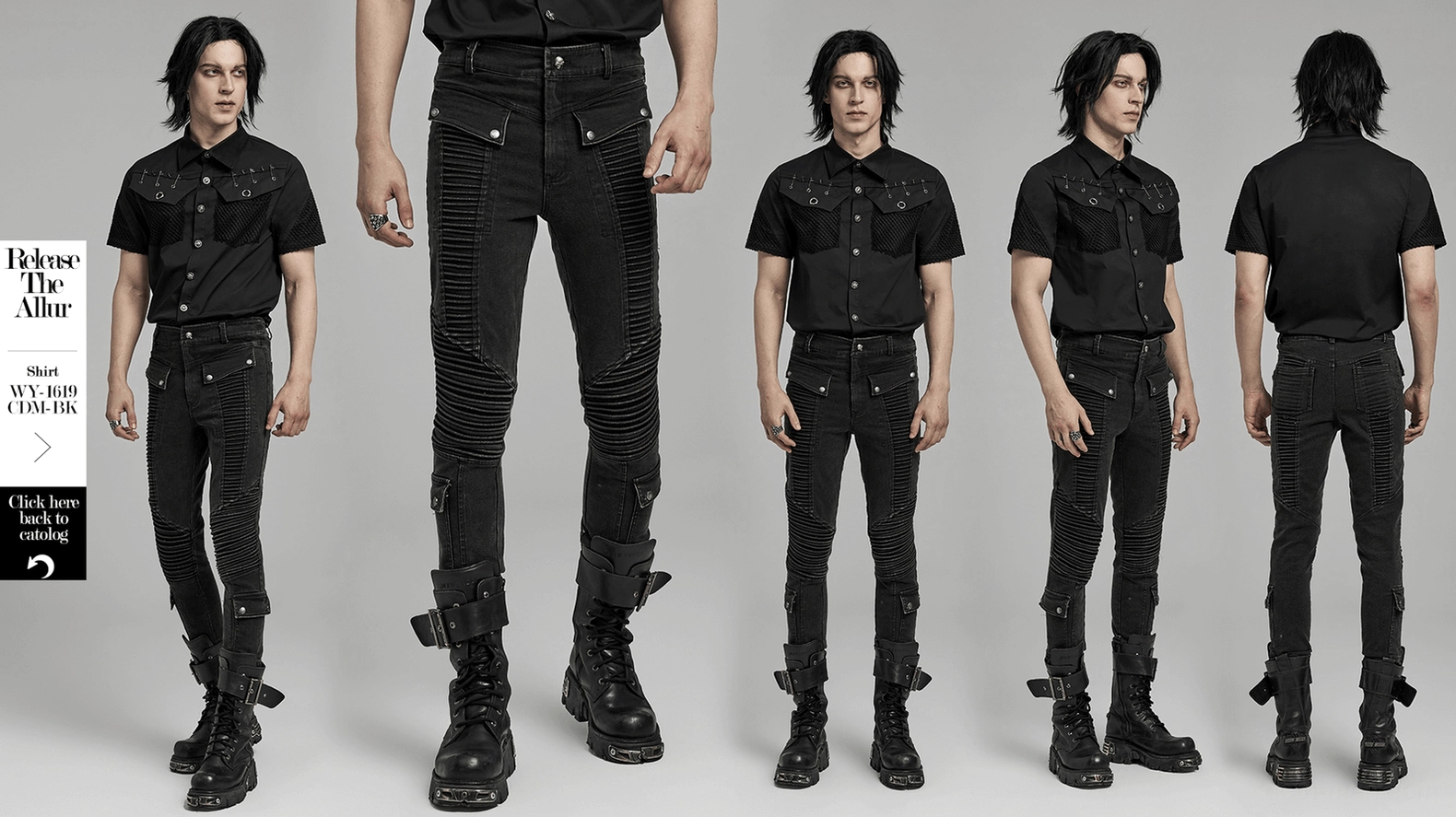 Black gothic skinny denim jeans display - complete garment showcasing drawstring waist and design elements