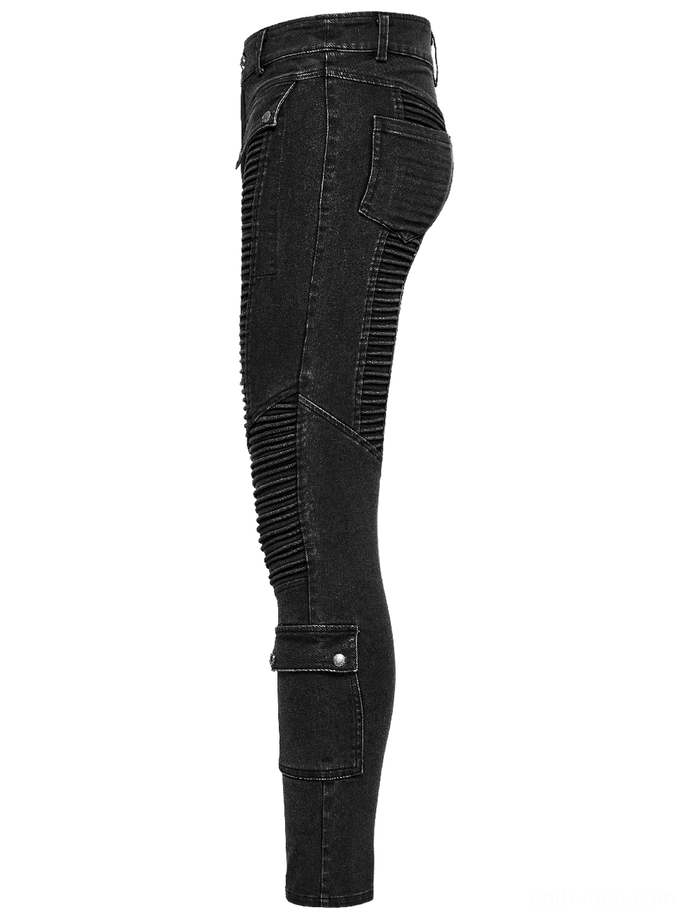 Black gothic jeans side flat lay - slim fit silhouette, ribbed side panels, and ankle cargo pocket with buckle