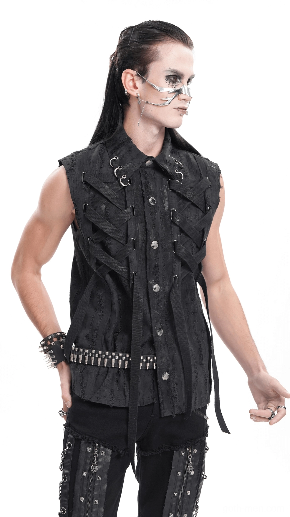 Black gothic sleeveless shirt alternative angle view on mannequin with industrial metal details