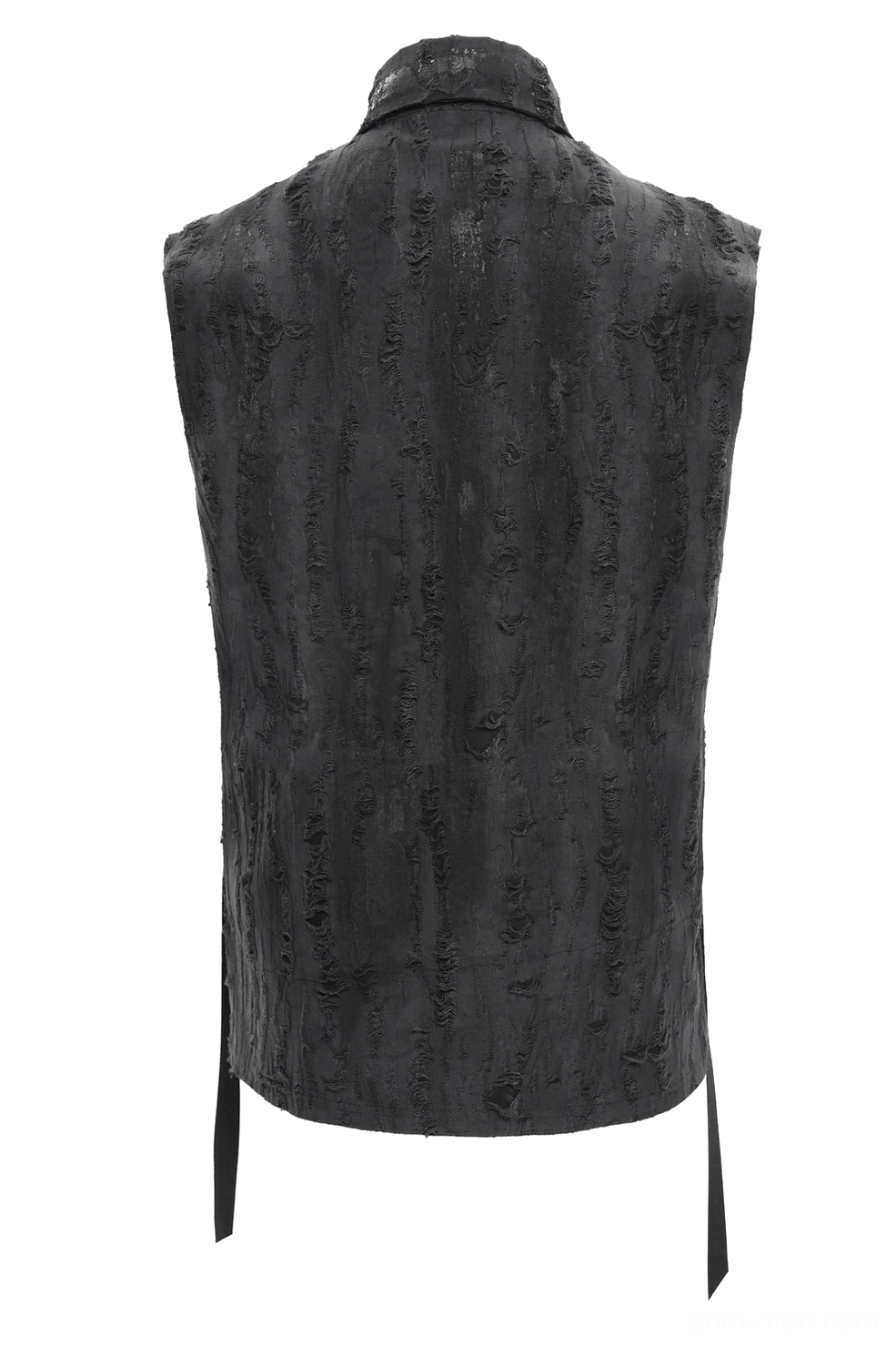 Black gothic sleeveless shirt back full product view on mannequin showing sleeveless cut and distressed fabric