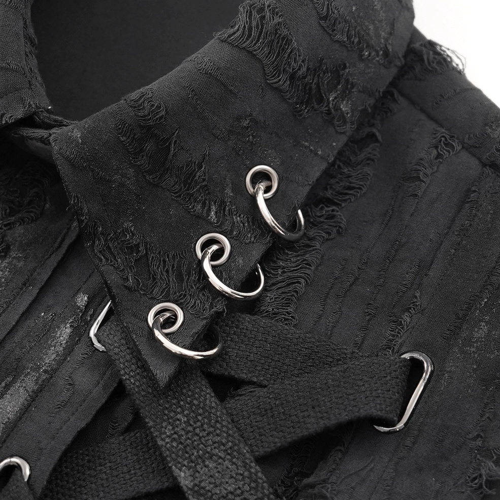 Black gothic sleeveless vest lace-up strap system with metal rings showing adjustable lacing mechanism
