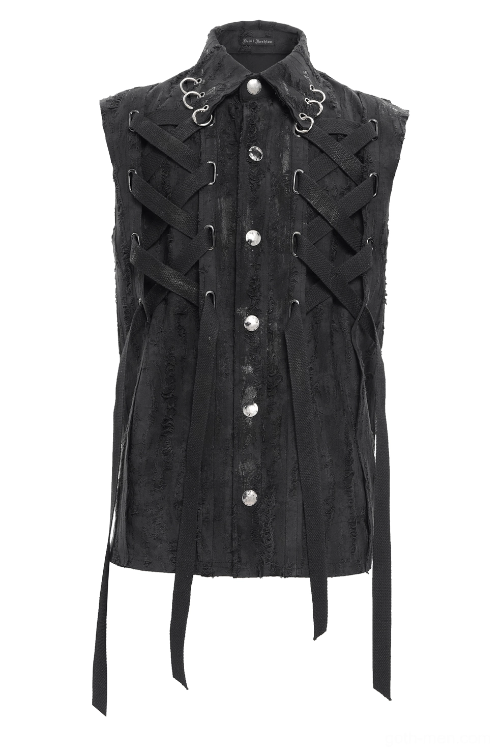 Black gothic sleeveless shirt full front product view on mannequin showing metal snap buttons and lace-up design