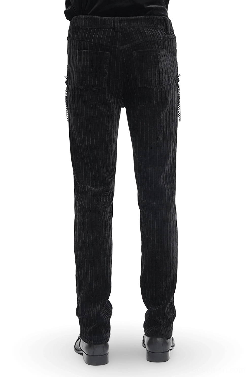 Black gothic slim fit trousers with chain embellishments - rear full body view showcasing back pocket design
