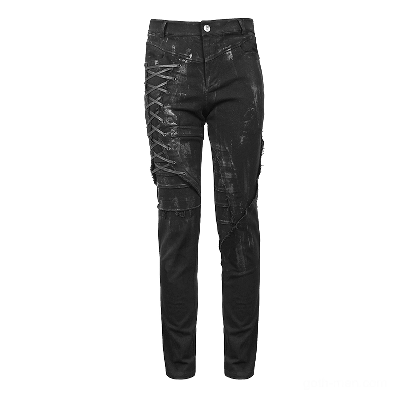 Flat lay front view of black gothic lace-up slim trousers showing full silhouette and design