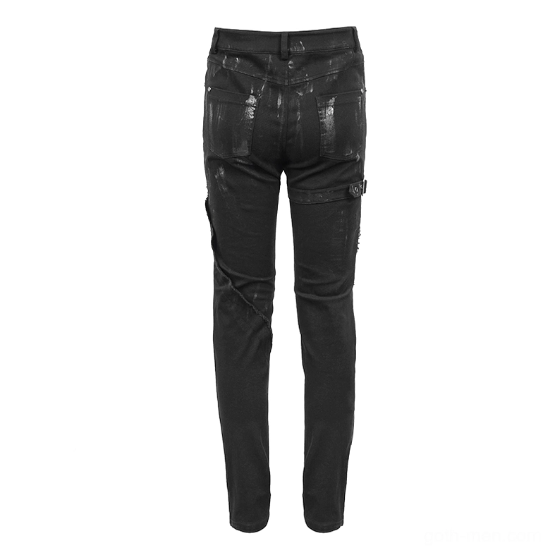 Rear flat view of black slim-fit gothic pants showing side pockets, belt loops and distressed texture