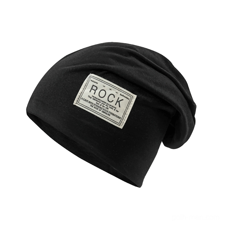 Black gothic slouch beanie with embroidered rock patch front view