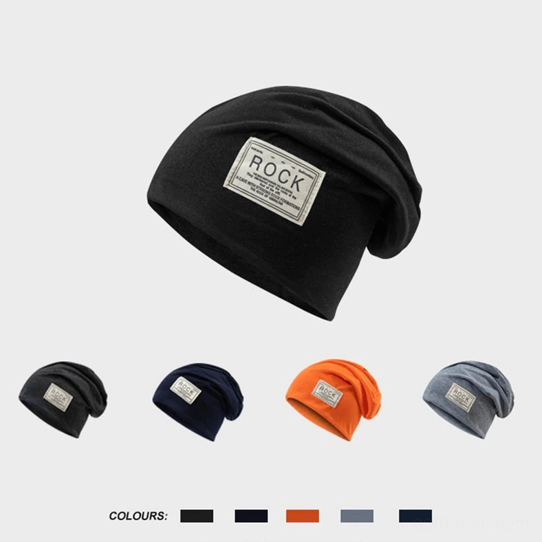 Black slouch beanie with color sample options and embroidered patch
