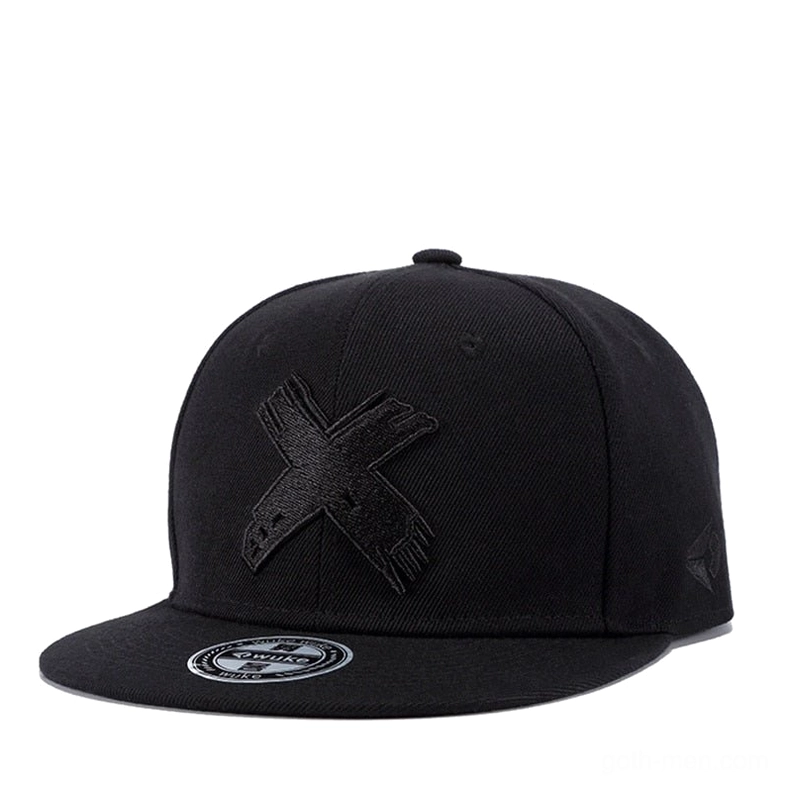Black gothic snapback cap with black embroidered X, flat brim baseball hat left side angle