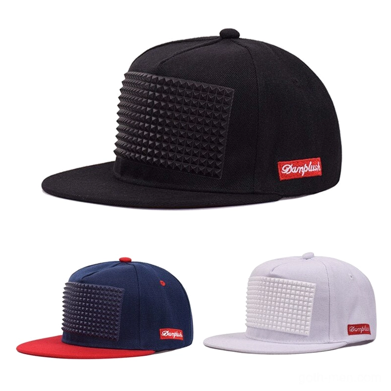 Black gothic spike snapback baseball cap rear-side view, pyramid studs detail, flat brim construction