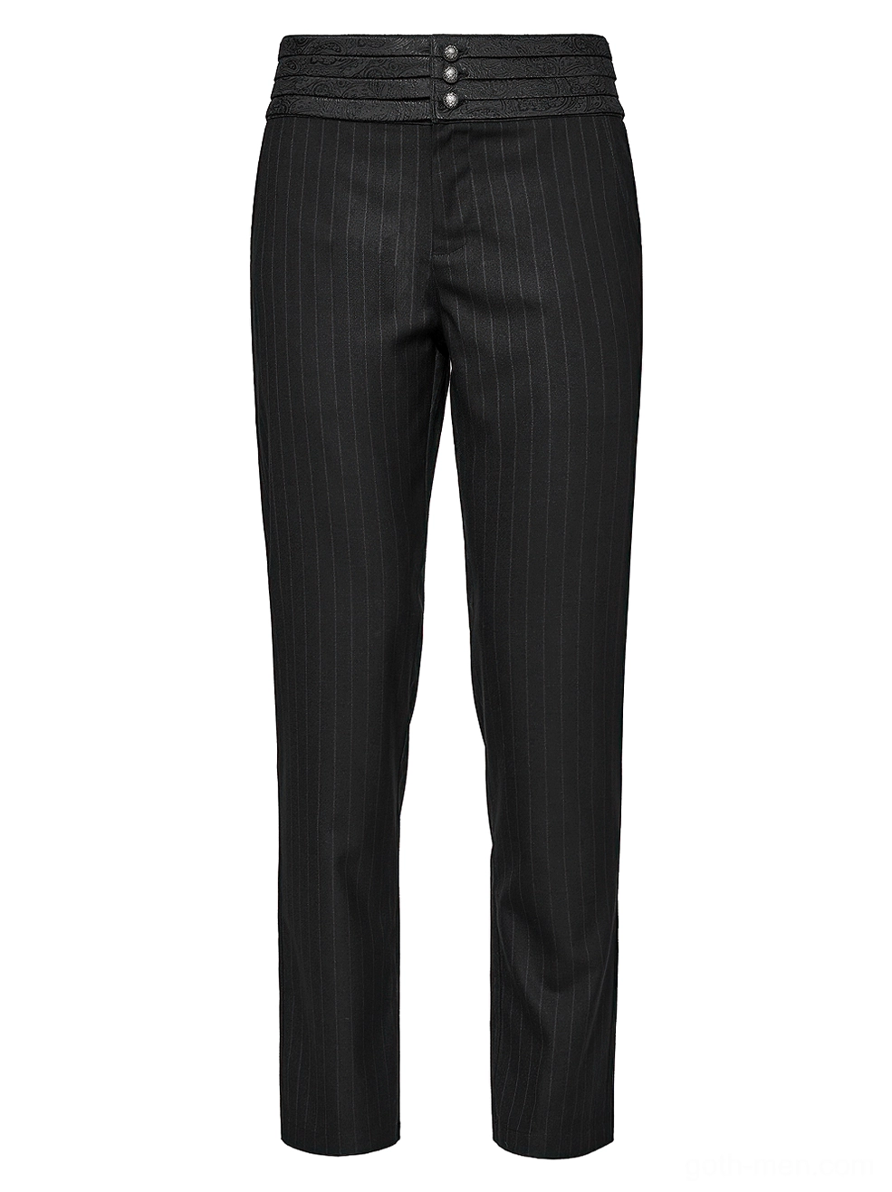 Black striped slim-fit gothic gentleman pants front flat display, Victorian pinstripe pattern, tailored cut