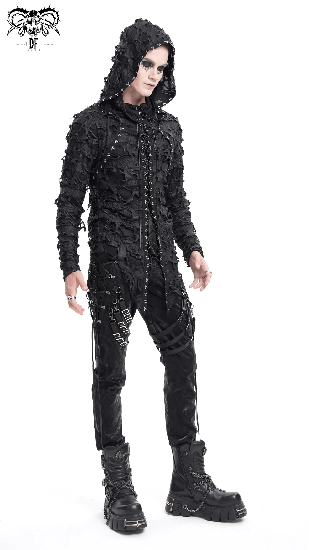 Black distressed gothic sweatshirt lace-up front system detail, showing metal eyelets and cord fastening mechanism closely