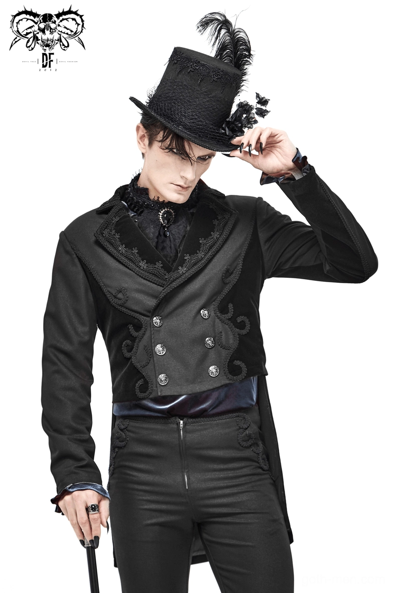 Black gothic tail coat full view on dress form showing overall silhouette and structural tailoring