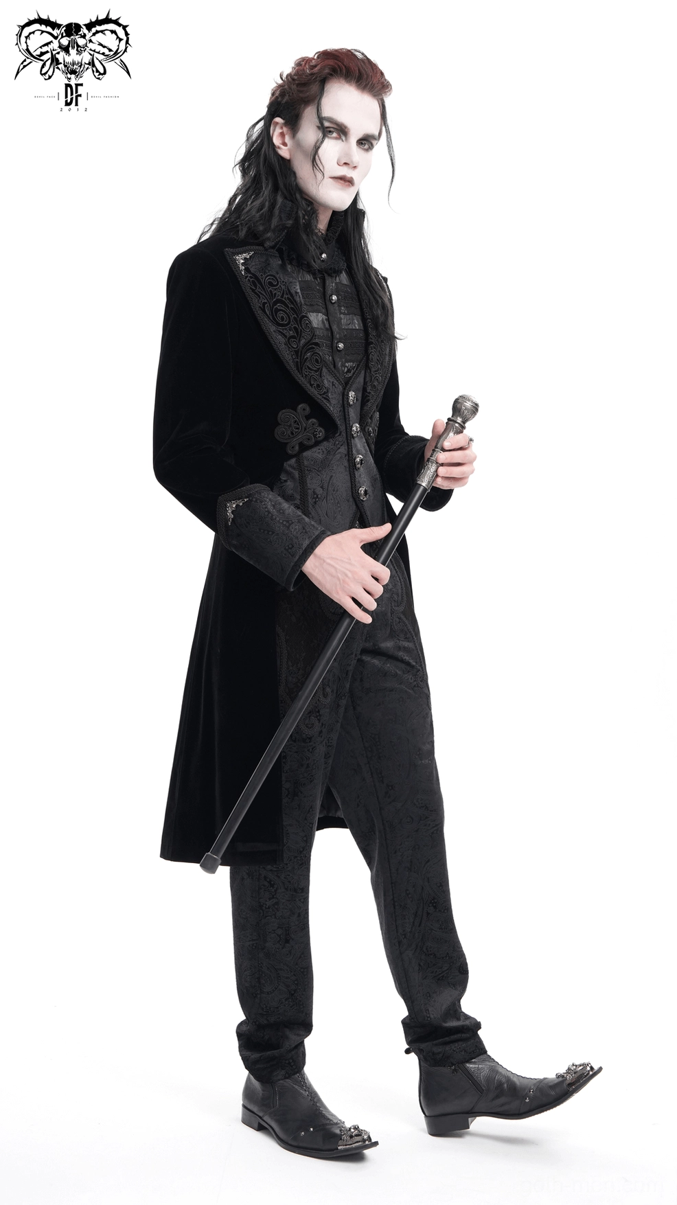 Primary product image of black Gothic Victorian tailcoat with ornamental embroidered lapels and elegant formal silhouette