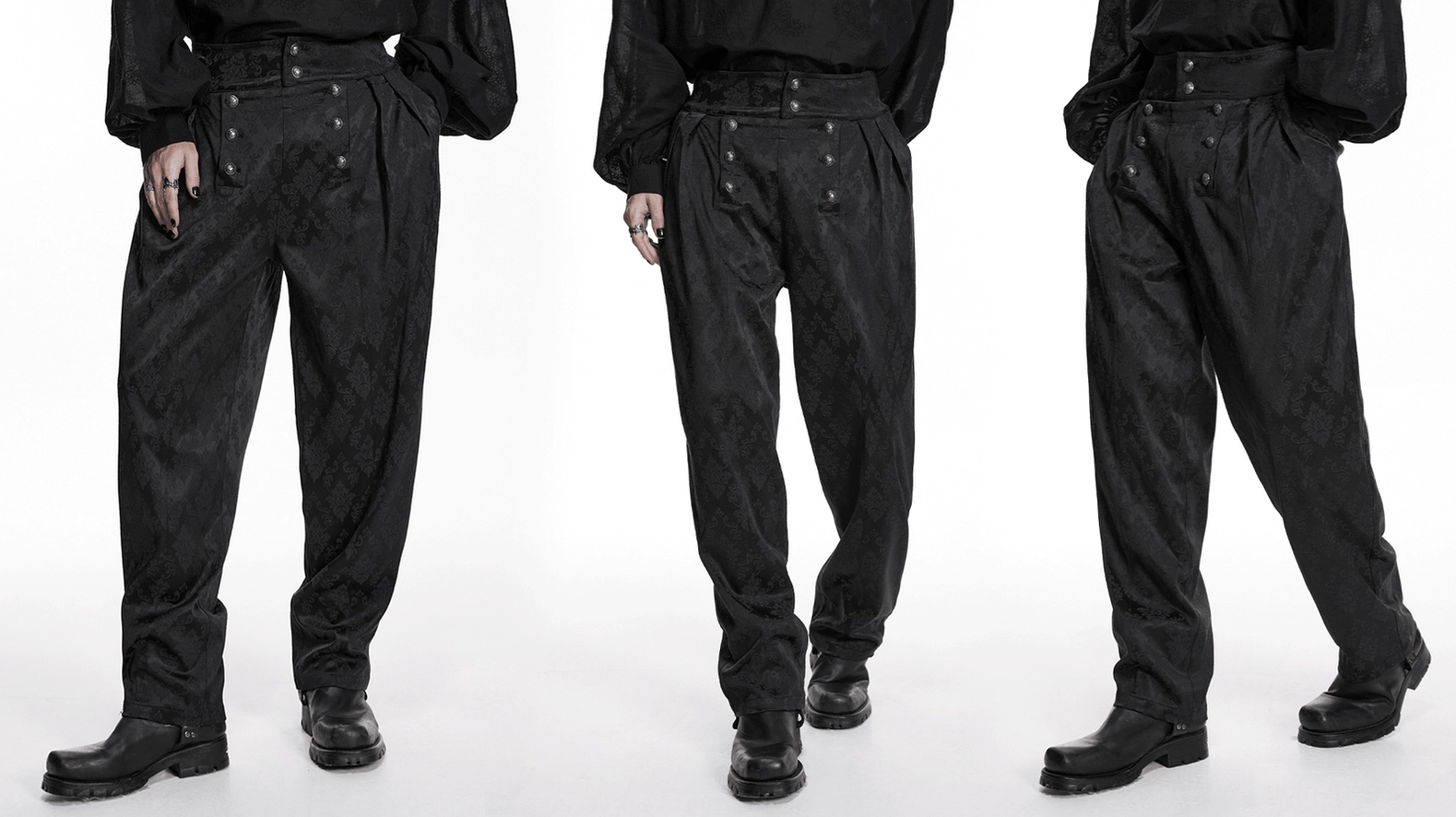 Black gothic jacquard tapered trousers styled with gothic accessories and refined alternative aesthetic