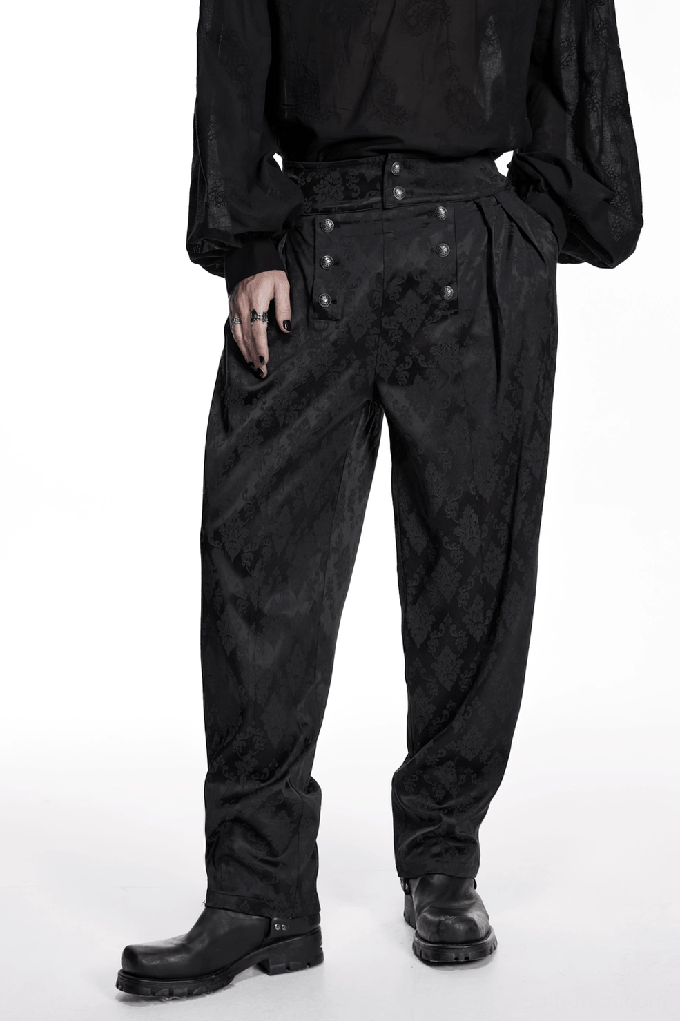 Black gothic jacquard tapered trousers layered styling with gothic aesthetic and high-waist silhouette