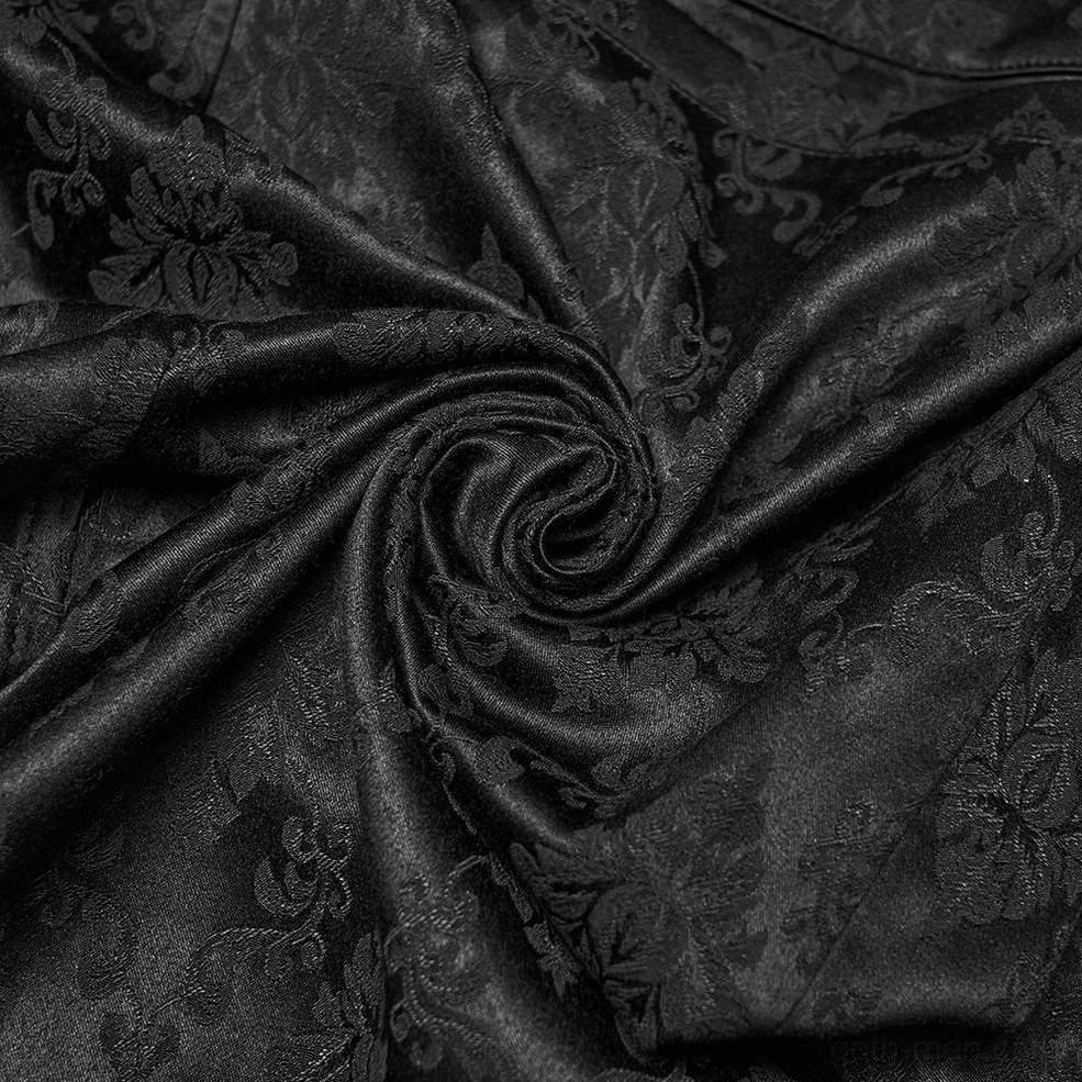 Black gothic jacquard tapered trousers styling detail showing high waist structure and refined tailoring