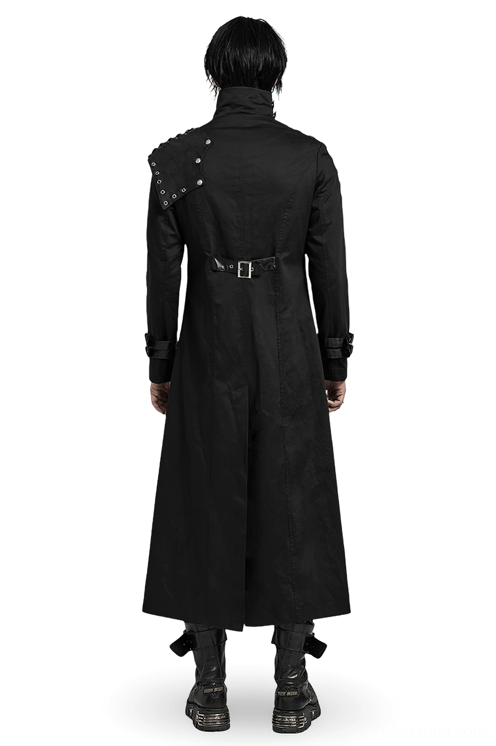 Black gothic trench coat back view showing waist buckle strap and split hem design