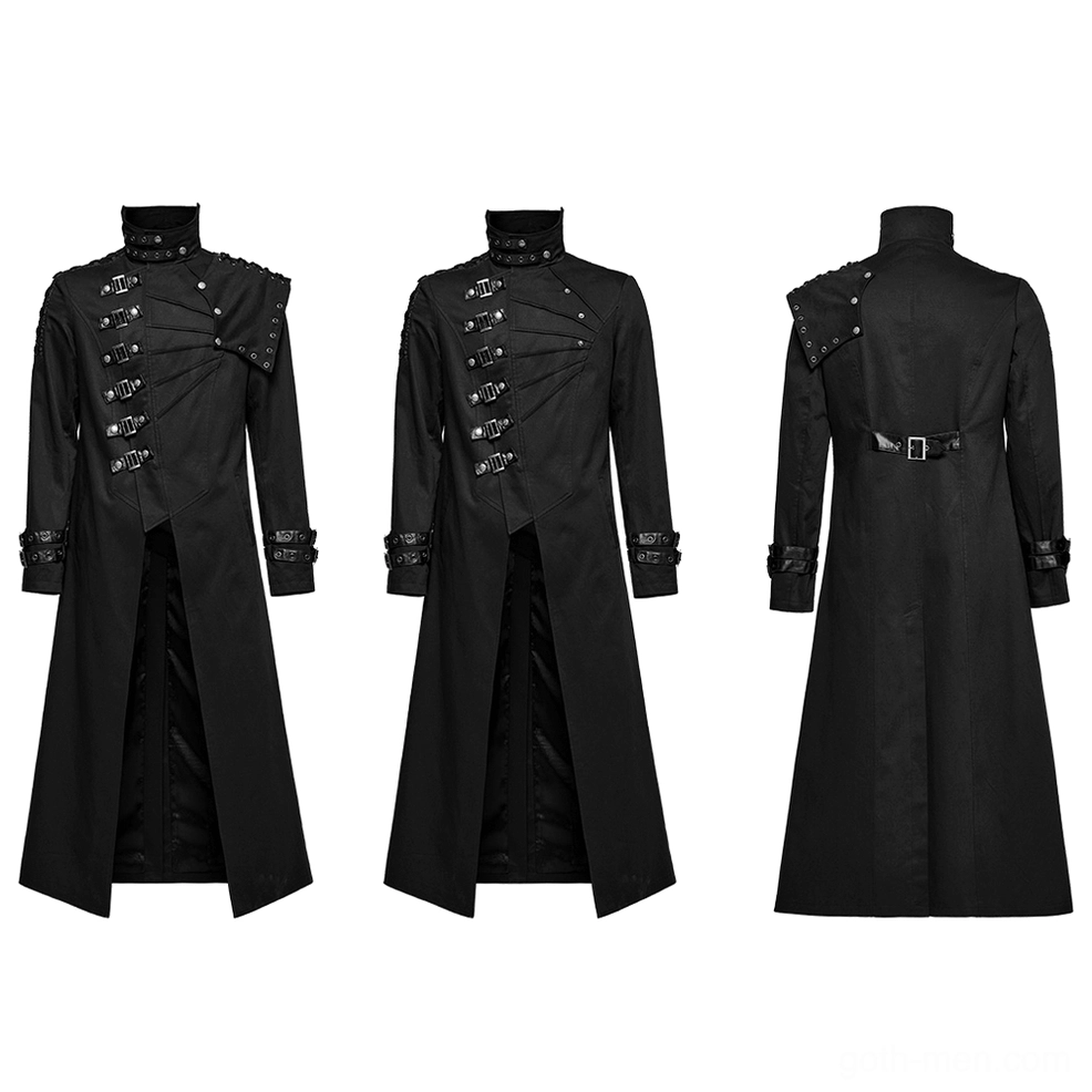 Flat lay display of black asymmetrical gothic trench coat front and back construction