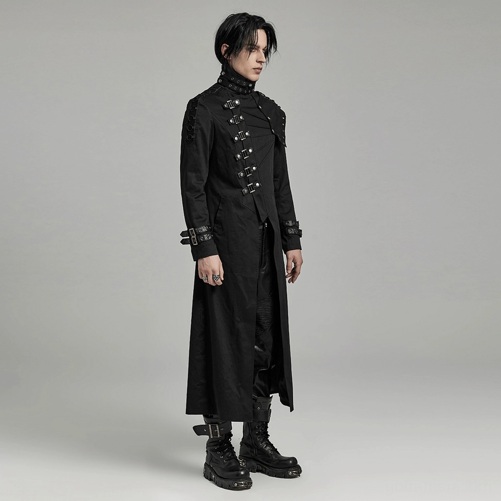 Side view of men's black gothic trench coat showing full length hem and cuff buckles