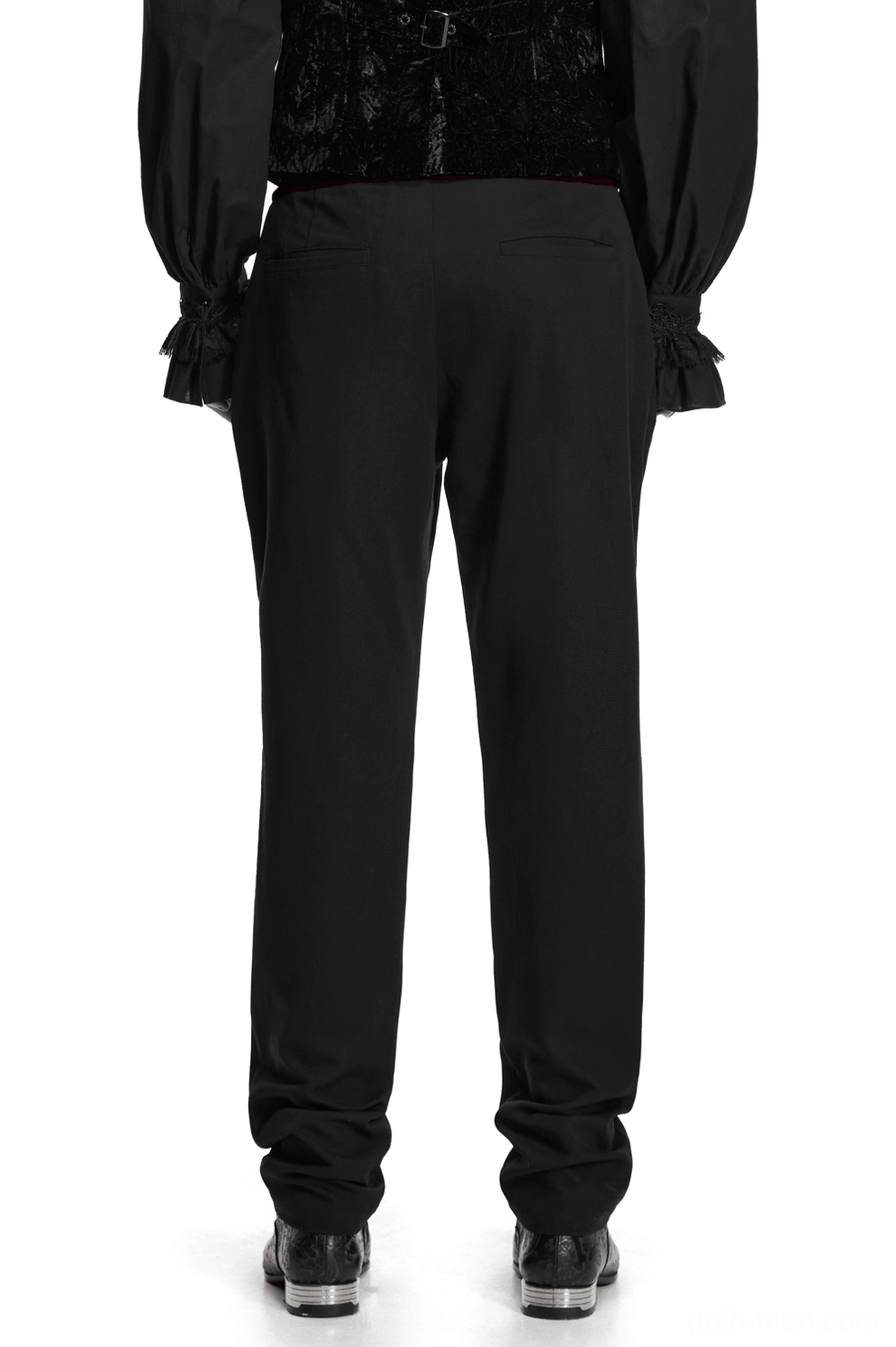 Black gothic trousers rear view showing tailored cut and burgundy velvet waistband detail