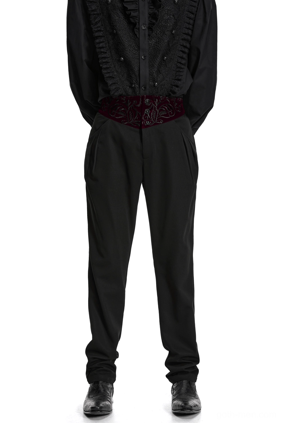 Black gothic slim-fit trousers with embroidered wine-red velvet waistband - front view on male model