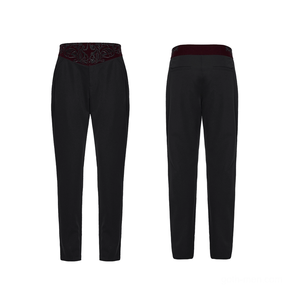 Flat lay display of black gothic slim-fit trousers showing front and back construction