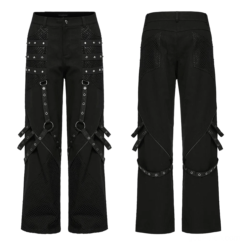 Studded gothic trousers flat lay front and back view showing all-black finish and detachable straps