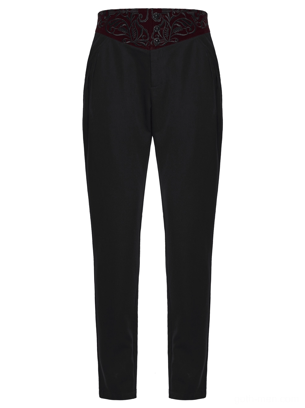 Front flat lay of black gothic trousers highlighting embroidered waistband and tailored leg