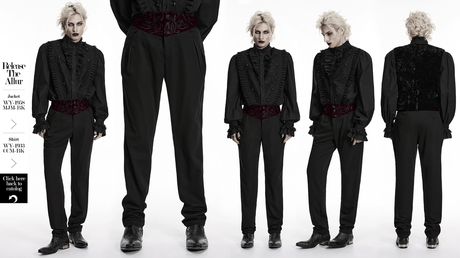 Full body front view of black gothic slim-fit trousers with embroidered burgundy waistband detail