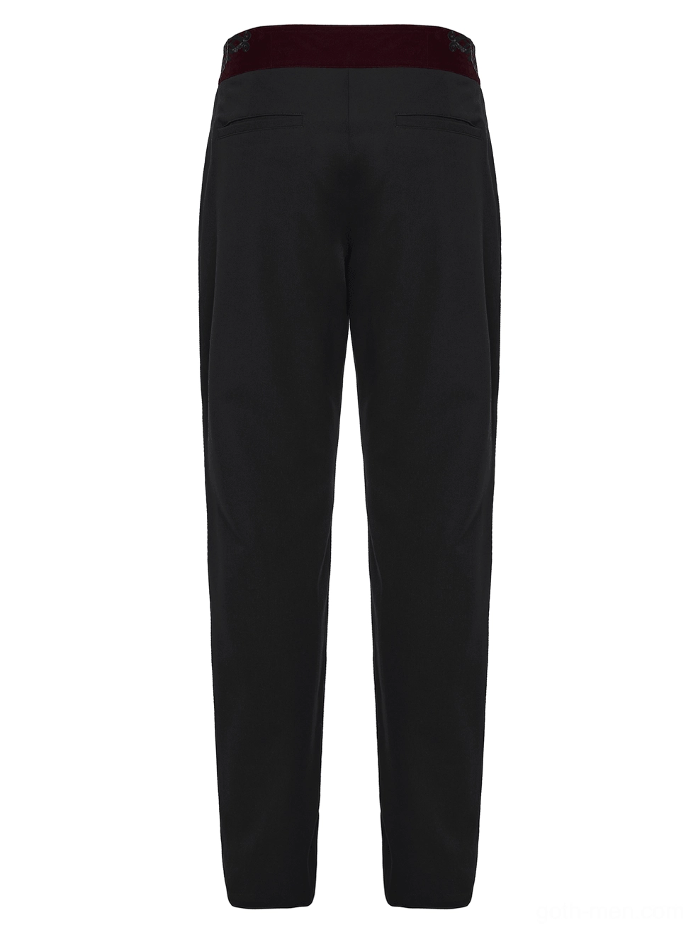 Rear flat lay of black gothic trousers showing burgundy velvet back waistband and construction