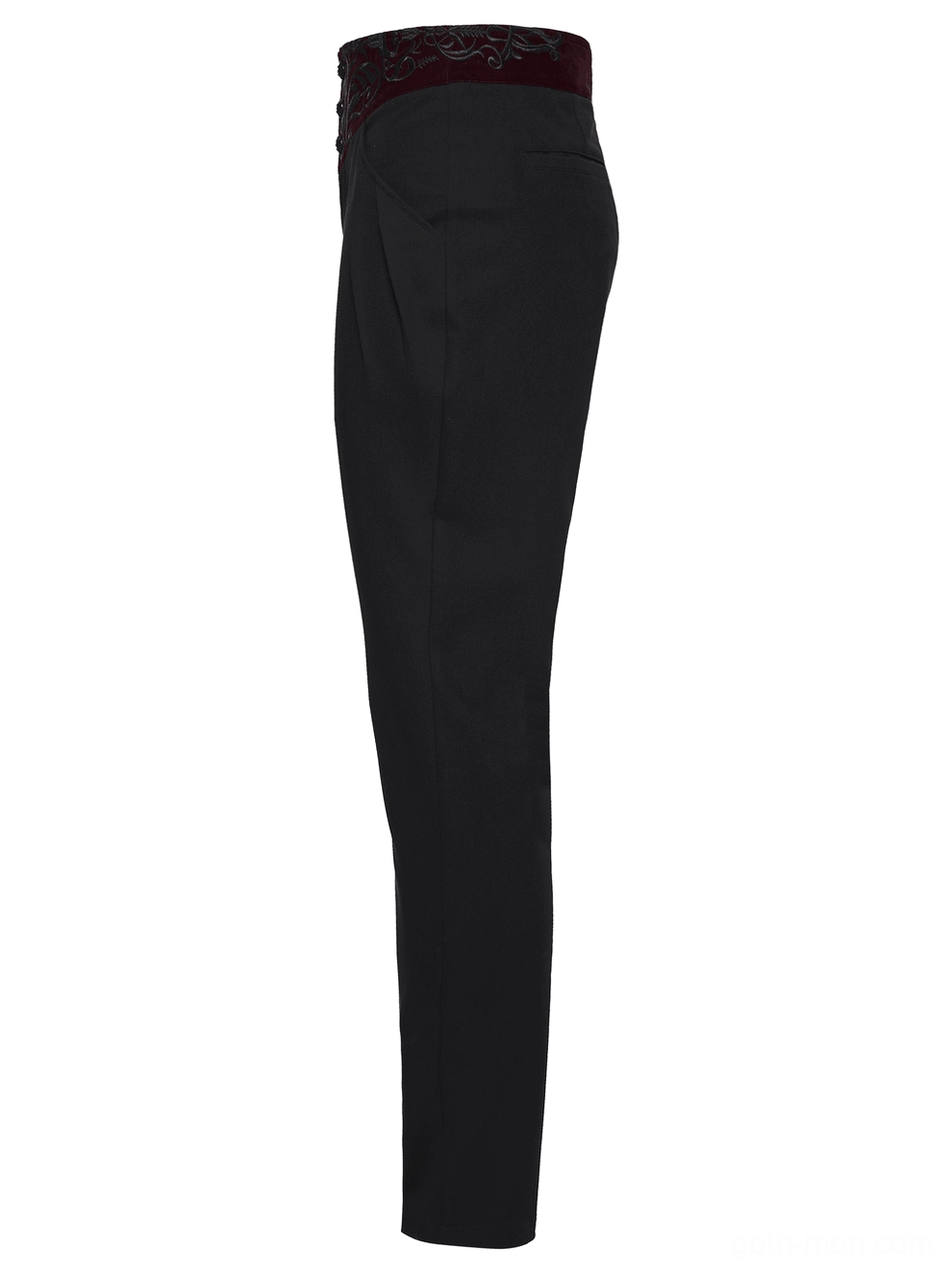 Side profile flat lay of black gothic slim-fit trousers showing tailored silhouette