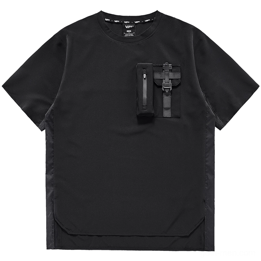 Black gothic utility oversized T-shirt front view with chest zippered pocket and contrast side panels