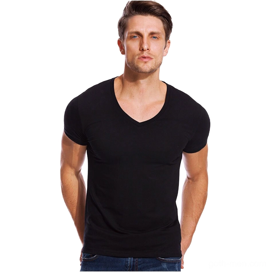 Black minimalist gothic V-neck slim fit short sleeve T-shirt for men, front view on model