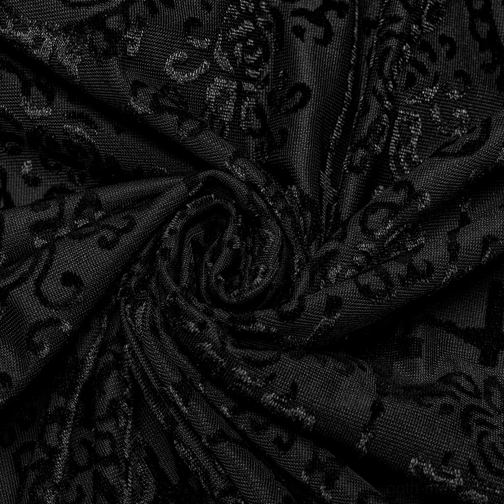 Black velvet gothic high collar top full product overview with lace ruffled neckline and fit details