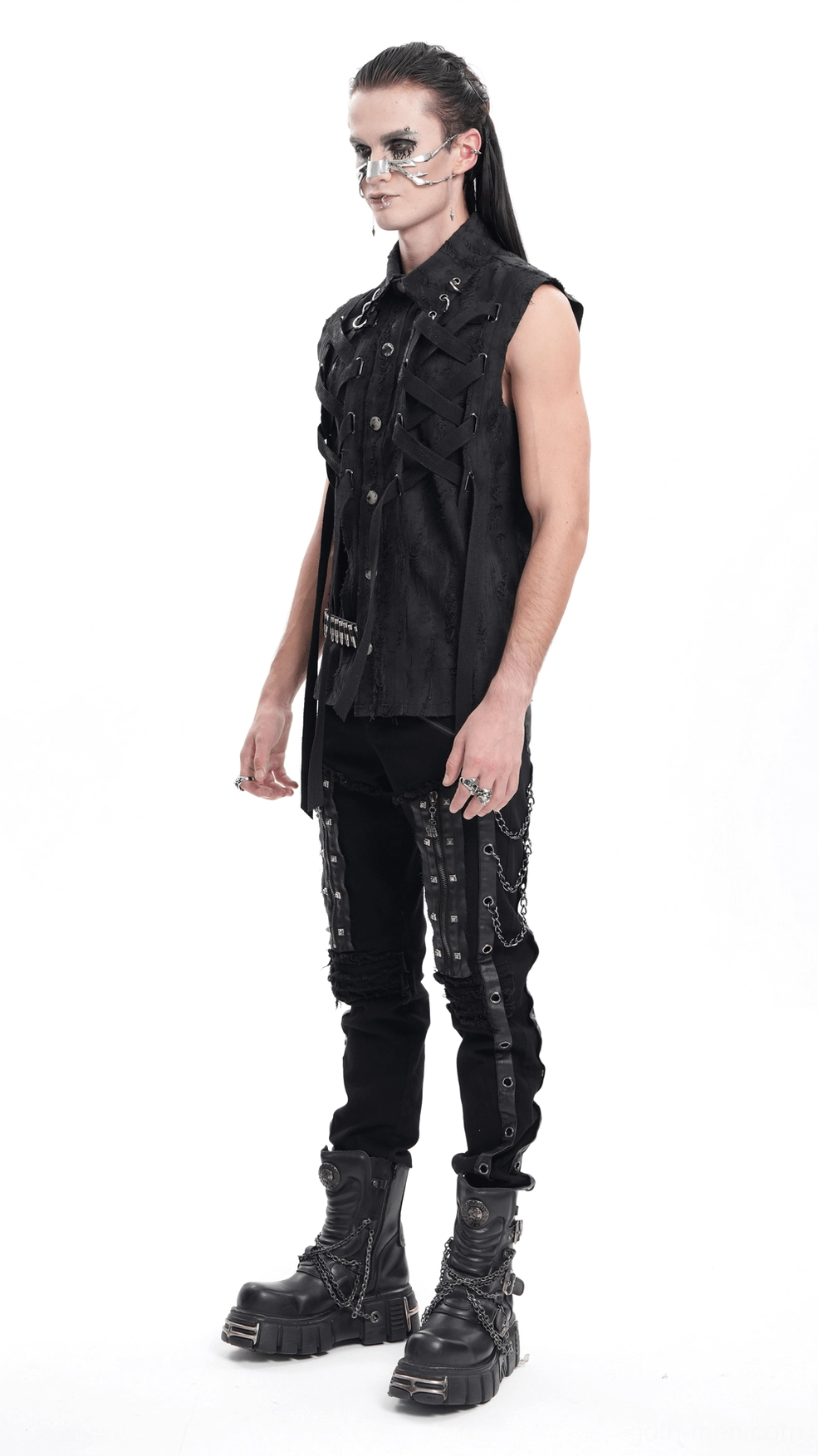 Black gothic sleeveless shirt back detail view on mannequin with distressed fabric and lacing system