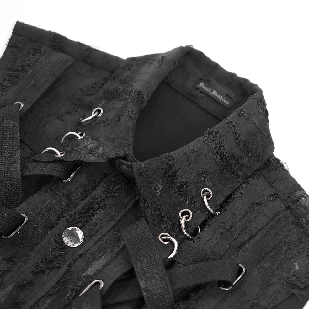 Black gothic sleeveless shirt collar close-up detail showing metal D-rings and frayed distressed fabric texture
