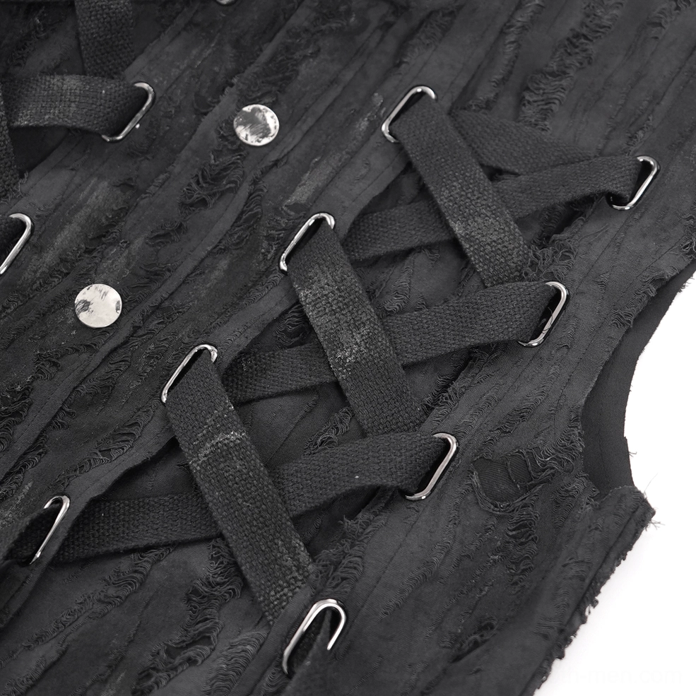 Black gothic shirt front close-up detail of lace-up straps, metal snap buttons, and woven distressed texture