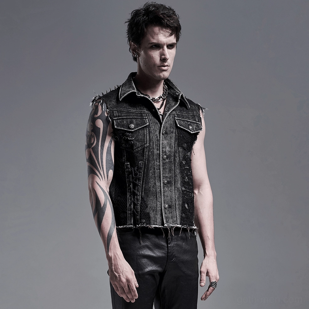 Black gothic denim vest on model - front angle view of fitted silhouette and distressed acid-washed finish
