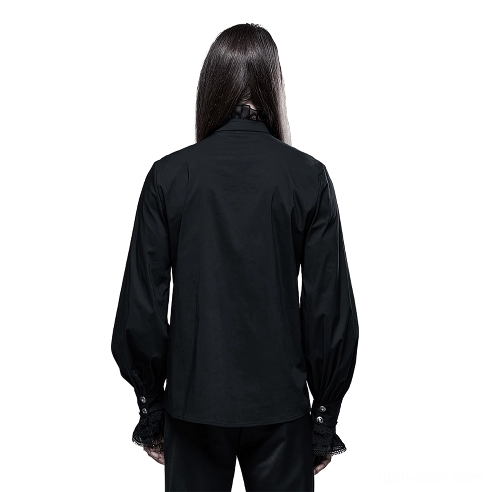 Black gothic Victorian shirt rear view displaying ruffled back collar and bishop sleeves on model