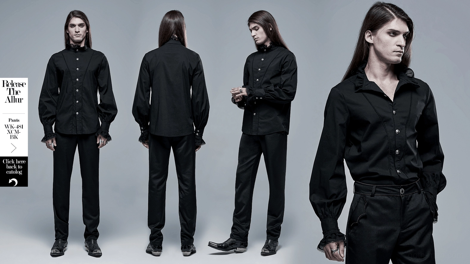 Black gothic Victorian shirt complete overview showing all design elements and refined craftsmanship