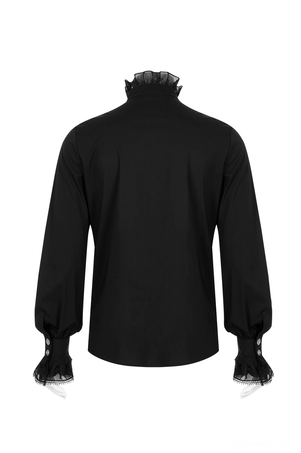 Black gothic Victorian shirt rear flat lay view showing solid fabric and decorative back collar