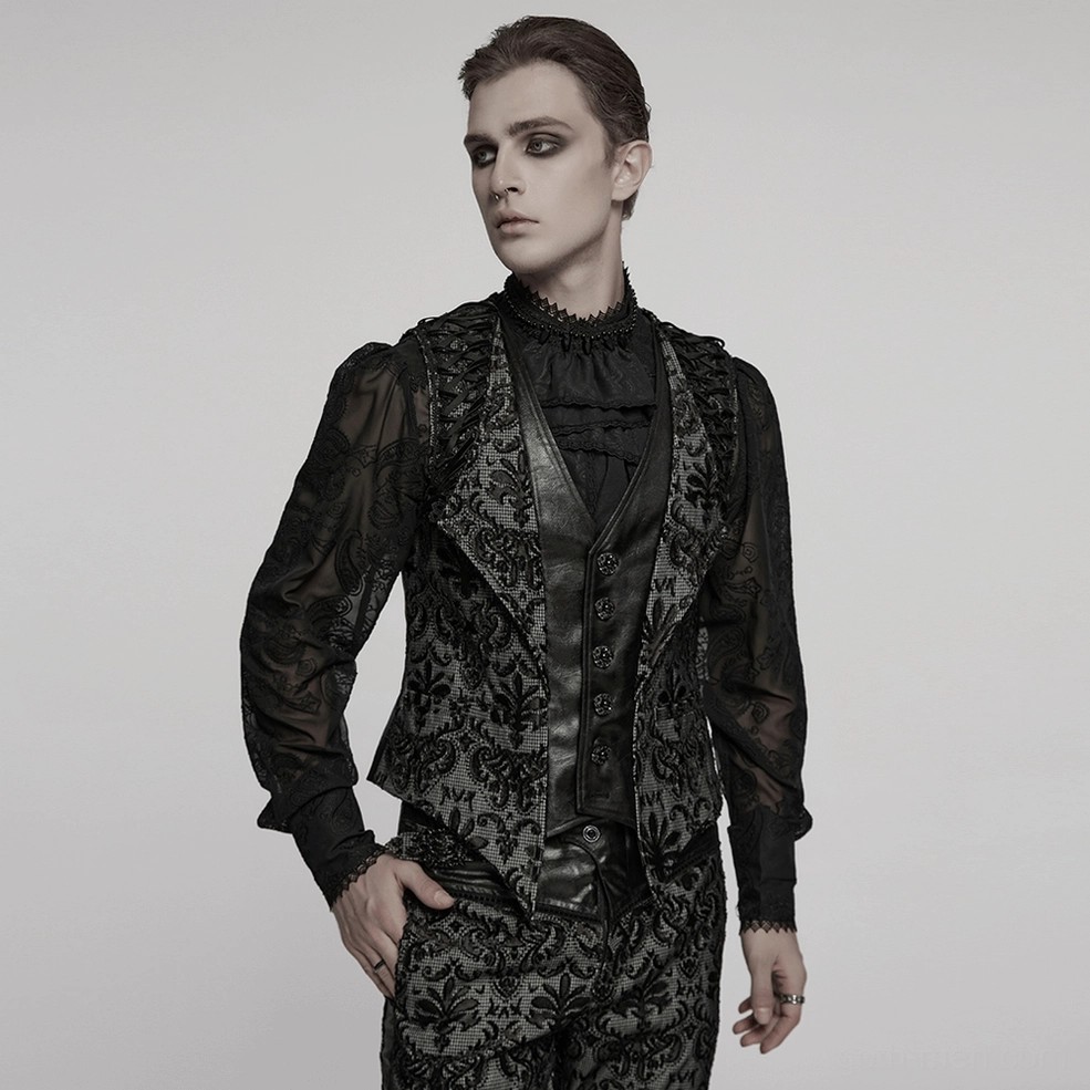 Black gothic brocade waistcoat showing asymmetrical V-cut front and pointed hemline design