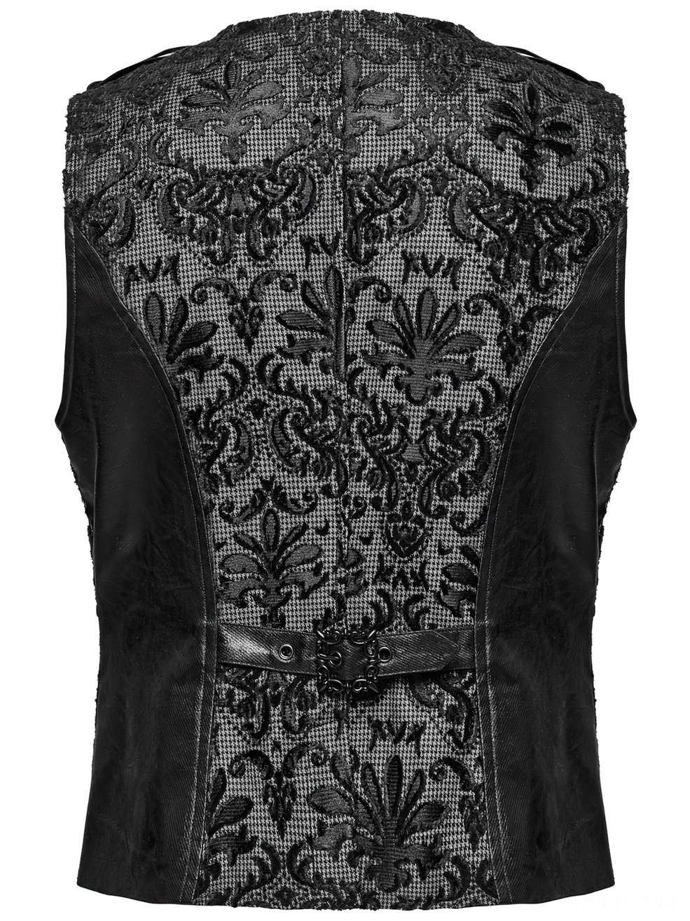 Back flat lay display of black damask jacquard waistcoat with full brocade panel and buckle strap