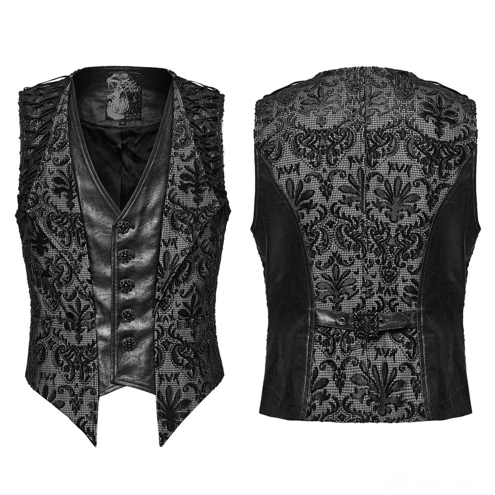 Flat lay of black gothic waistcoat front and back showing asymmetrical pointed hem and palace embroidery
