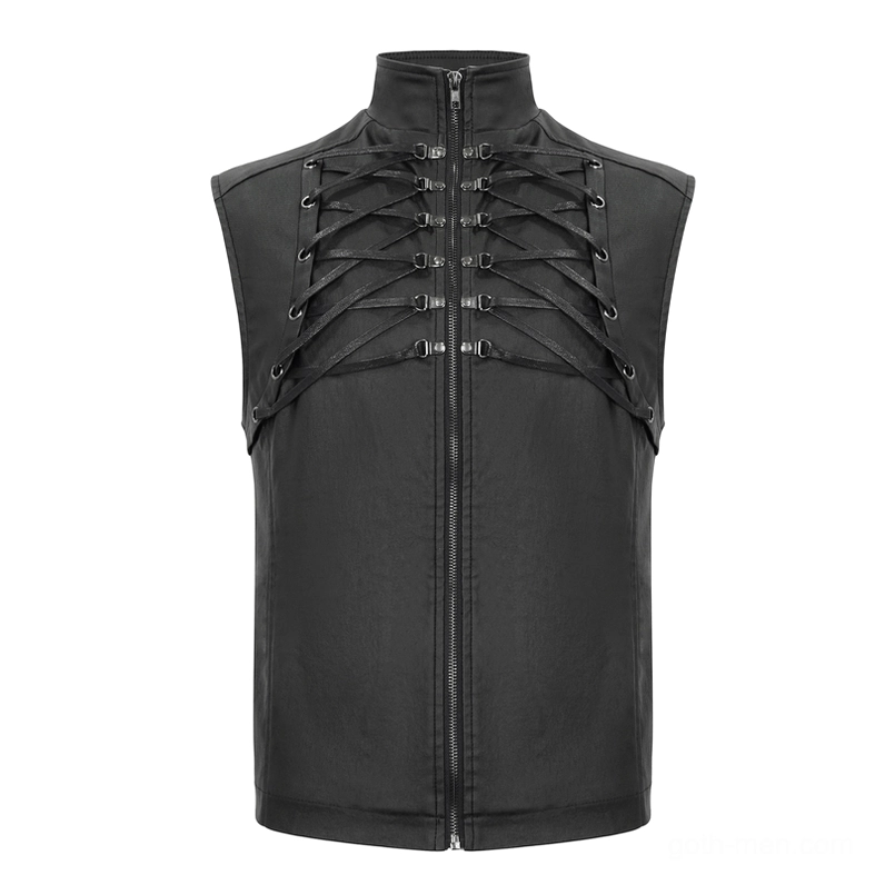 Front flat lay of black gothic punk waistcoat showing stand collar and crisscross front lacing