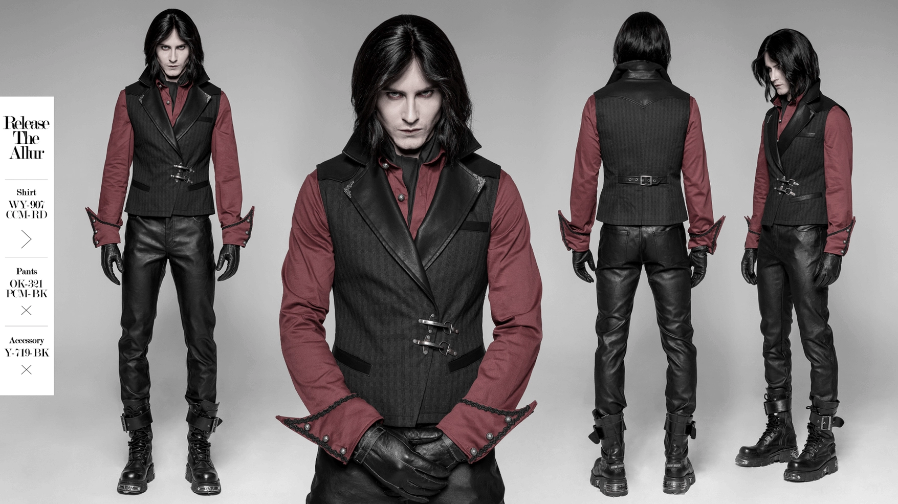 Black gothic waistcoat full product shot flat lay showing complete design and buckle closure system