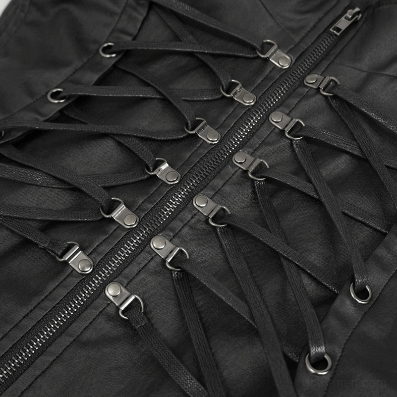Gothic punk men's lace-up waistcoat in black faux leather with metal hardware accent details