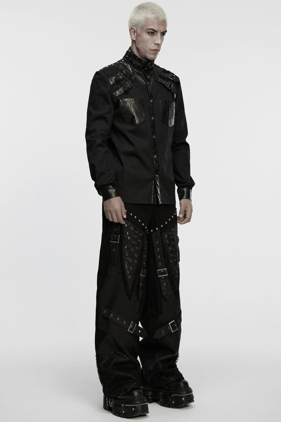 Gothic black wide-leg pants full product showcase with patchwork panel design